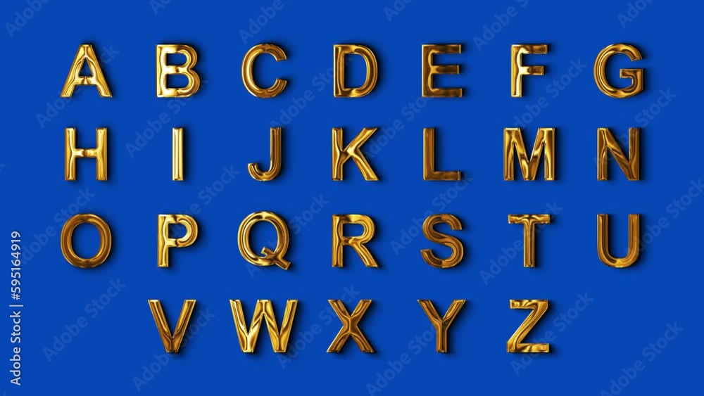 3d golden metallic English alphabet  set on blue screen, luxury shiny and glowing letters, design element 4k loop animation 