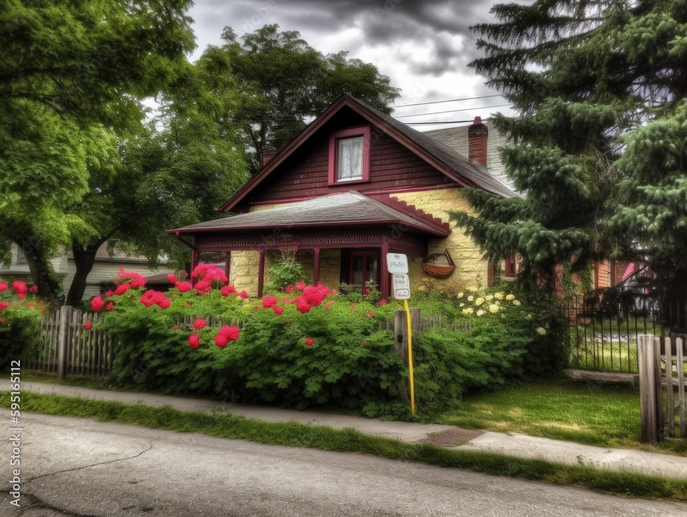 a beautiful brick house with a garden full of colorf a beautiful brick house with a garden full of colorf