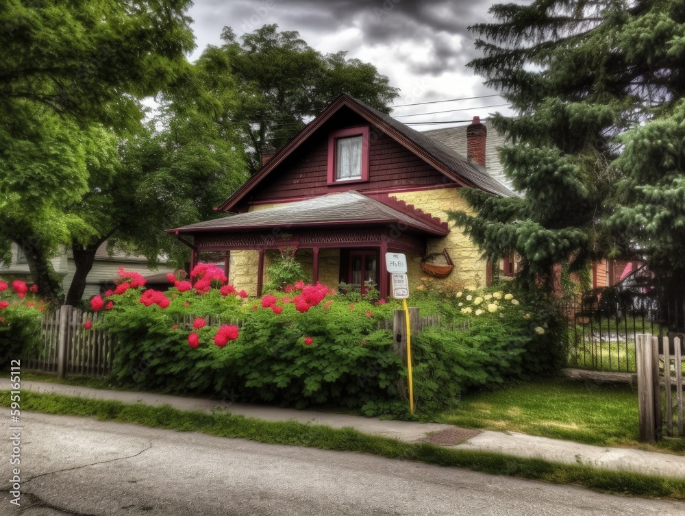 a beautiful brick house with a garden full of colorf