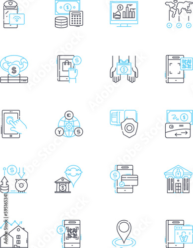 Virtual transactions linear icons set. Cryptocurrency, Digital, Secure, Blockchain, Virtual, Transparent, Decentralized line vector and concept signs. Online,Payment,Crypto outline illustrations
