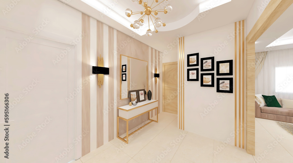 Fototapeta premium frames, mirror, royal wall and floor, lamps with light in a corridor of luxury house