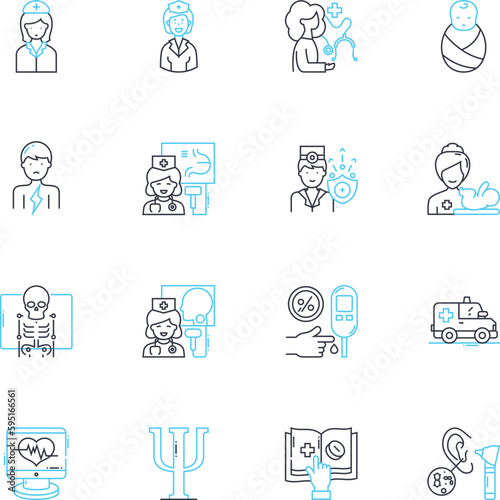 Polyclinic linear icons set. Medical, Healthcare, Clinic, Doctors, Nurses, Specialists, Patient-focused line vector and concept signs. Ambulatory,Outpatient,Consultation outline illustrations