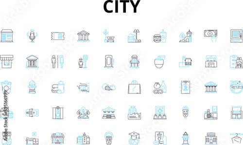 City linear icons set. Skyscrapers, Culture, Cuisine, Diversity, Architecture, Nightlife, History vector symbols and line concept signs. Museums,Parks,Fashion illustration