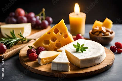 A tempting selection of soft and hard cheeses with fresh fruit