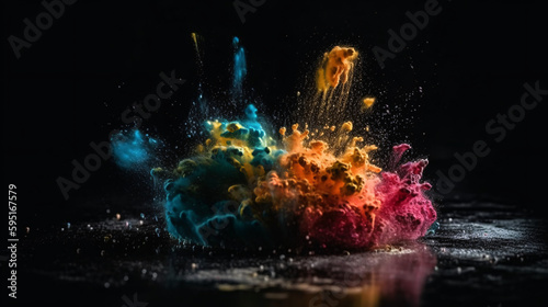 Colorful Explosions: A Photorealistic World of Liquid and Paint Splatters, Glitter and Confetti Explosions, with Rainbow Colors, Dust, Smoke, Debris, and Fog, Enhanced by AI-Generative Technology