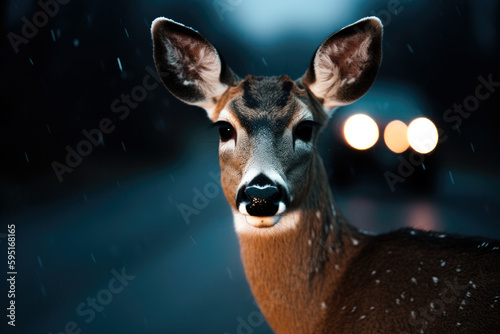 Deer standing in the middle of the road, illuminated by the car headlights. Danger of hitting deer with a car. Generative AI