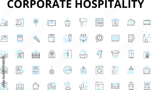 Corporate hospitality linear icons set. Nerking, VIP, Hospitality, Entertainment, Business, Event, Clientele vector symbols and line concept signs. Corporate,Reception,Retreat illustration