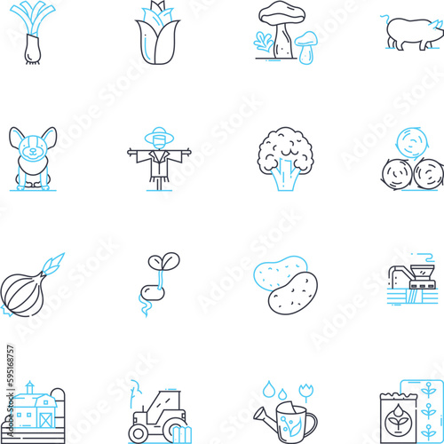 Livestock management linear icons set. Grazing, Herding, Vaccination, Breeding, Culling, Milk production, Fodder line vector and concept signs. Reproduction,Heat stress,Pasture outline illustrations