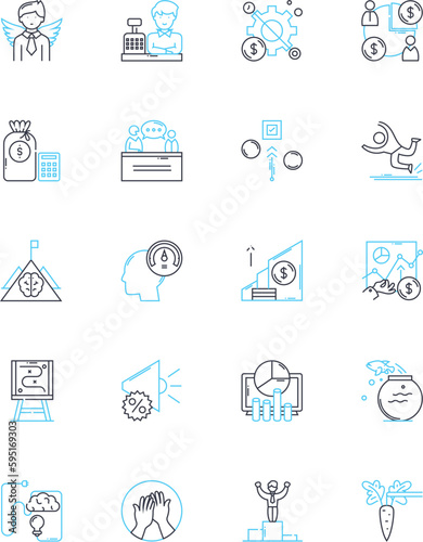 Human management linear icons set. Leadership, Communication, Delegation, Motivation, Empowerment, Training, Development line vector and concept signs. Feedback,Coaching,Performance outline