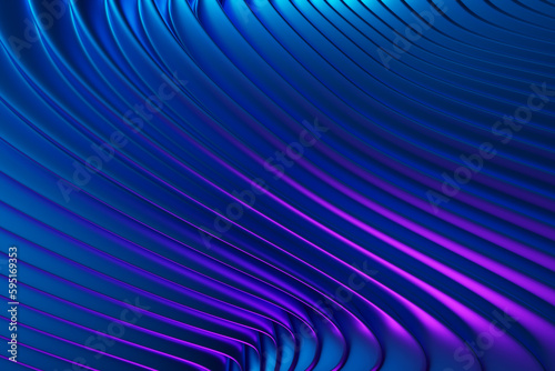 3D illustration blue stripes in the form of wave waves, futuristic background.