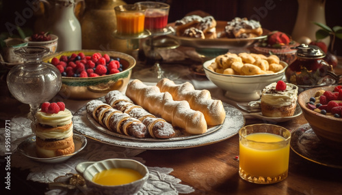 Rustic homemade baked pastry items on wooden table generated by AI