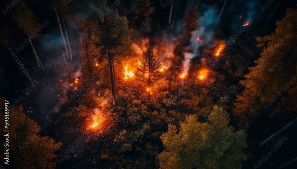 Glowing bonfire illuminates dark forest at night generated by AI