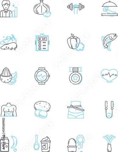 Vibrant health linear icons set. Energy, Vitality, Wellness, Strength, Endurance, Flexibility, Resilience line vector and concept signs. Balance,Mindfulness,Nourishment outline illustrations