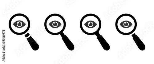 Eye icon. View icon. Sneak peek. Spying, spy, watch. Magnifying glass. Spying sign vector illustrations photo