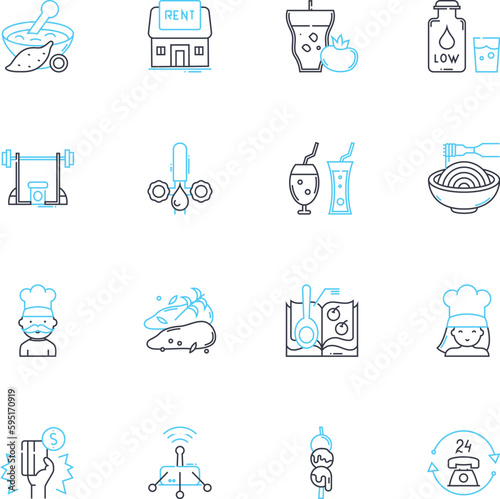 Buffet meals linear icons set. Feast, Spread, All-you-can-eat, Bountiful, Plentiful, Abundance, Buffet line vector and concept signs. Smorgasbord,Carnival,Gourmet outline illustrations