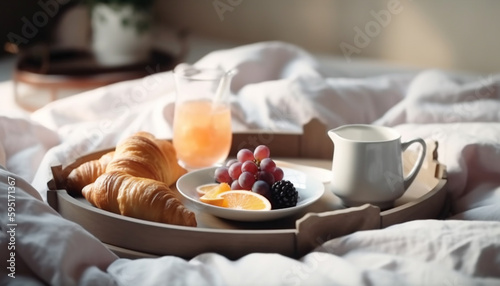 Comfortable bed  fresh croissant  coffee  and fruit generated by AI