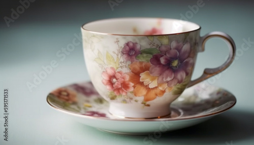 Hot drink in ornate tea cup on saucer generated by AI