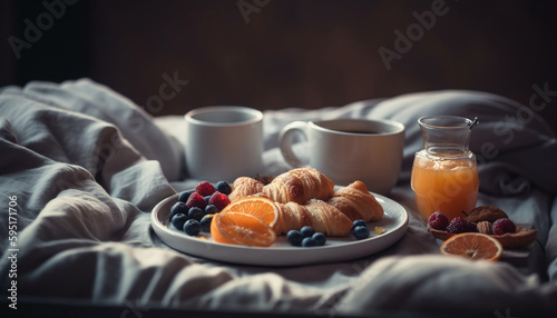Fresh breakfast tray on rustic wooden bed generated by AI