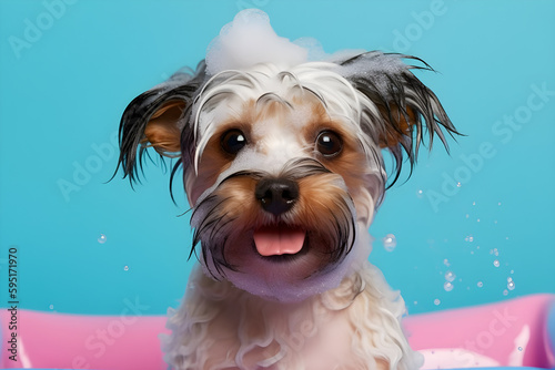 Cute, happy Yorkshire Terrier washing with foam. Super happy wet Yorkshire Terrier bath showing on the blue background,bubbles