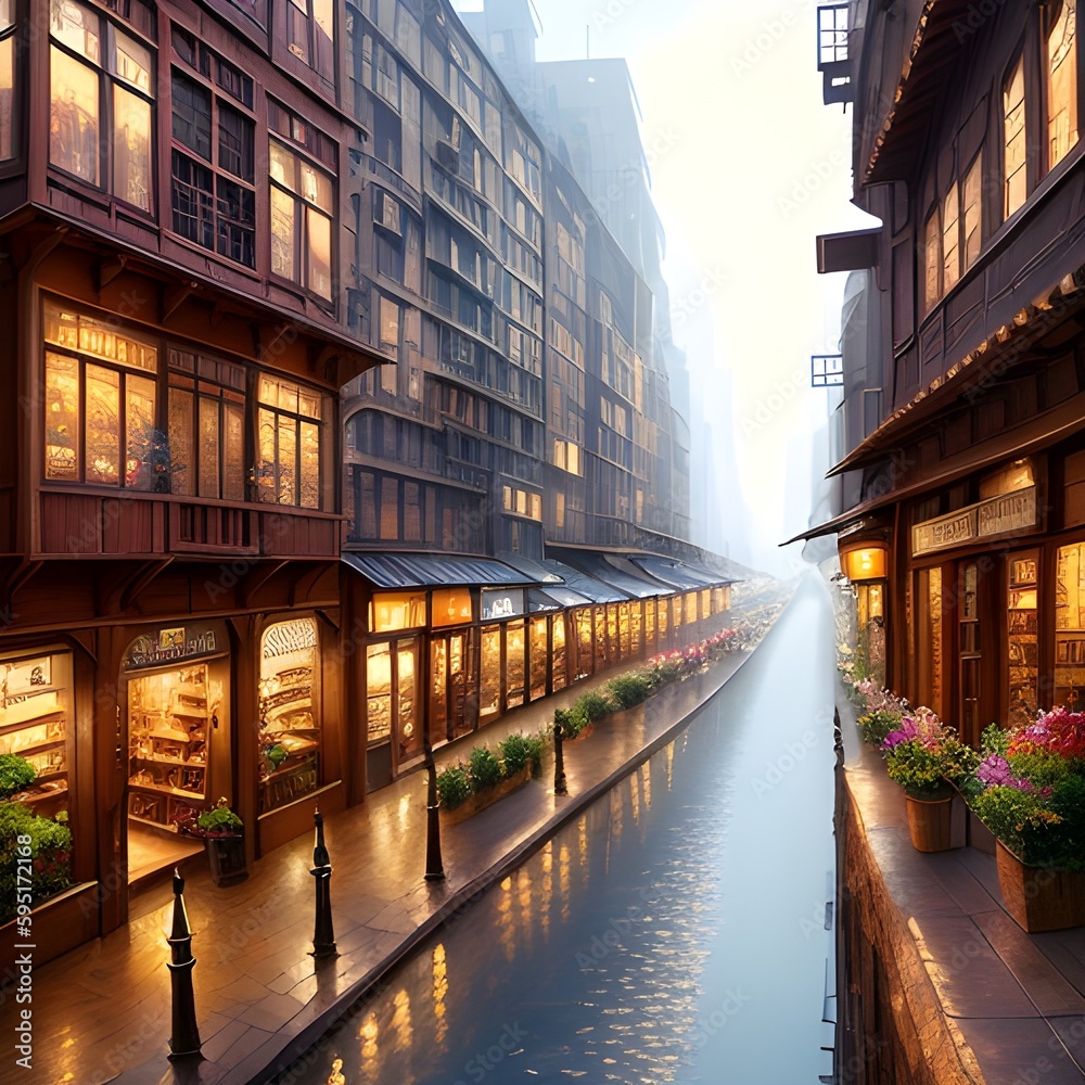 A river running through a city next to tall buildings A river running through a city next to tall buildings