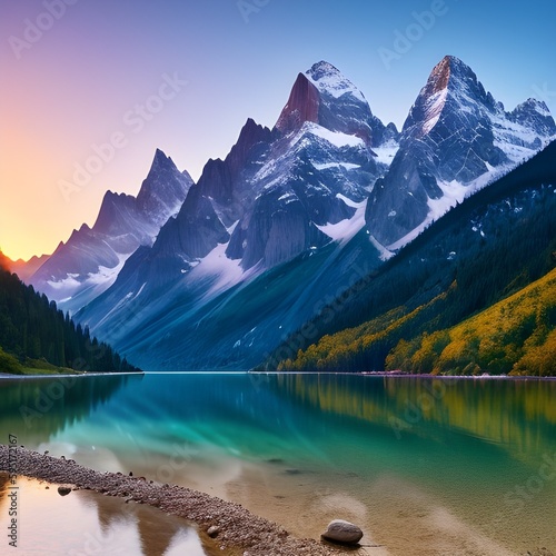 A mountain range with a lake in the foreground