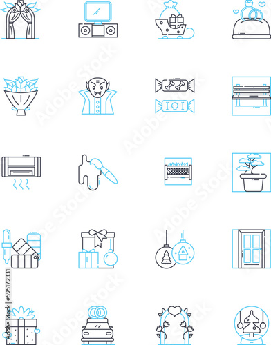 Ornamenting linear icons set. Embellishing, Adorning, Decorating, Beautifying, Enhancing, Accessorizing, Enriching line vector and concept signs. Bedecking,Festooning,Glamorizing outline illustrations