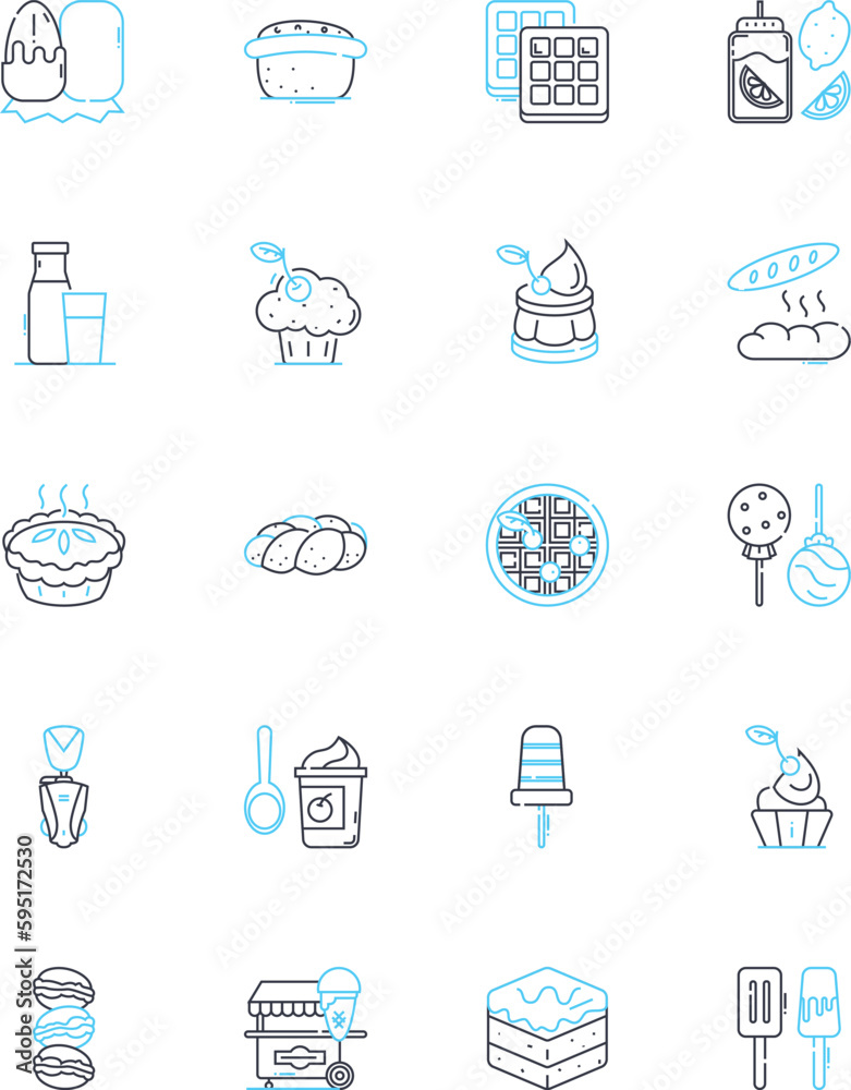 Desserts linear icons set. Cake, Brownies, Cookies, Ice cream, Pudding, Pie, Cheesecake line vector and concept signs. Mousse,Sorbet,Gelato outline illustrations