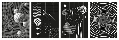 Set of abstract geometric figures contemporary artwork, abstract monochrome set posters, cover, invitation inspired brutalism. Vector illustration with 3d wireframe models, 00s Y2k retro futuristic.	