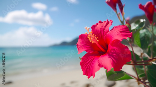 Travel to Okinawa Japan, beautiful hibiscus flower at the beach, , with Generative AI 