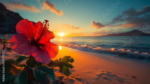 石垣島のビーチで夕陽に染まる色鮮やかなハイビスカスの花, with Generative AI