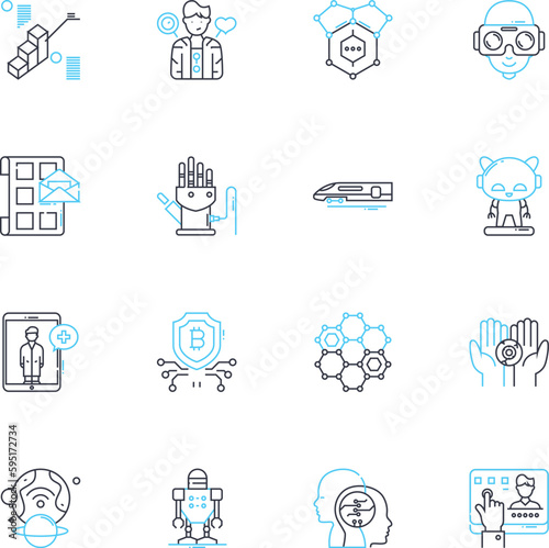 Modern Industry linear icons set. Automation, Efficiency, Innovation, Globalization, Sustainability, Digitization, Robotics line vector and concept signs. IoT,Nanotechnology,Aerospace outline