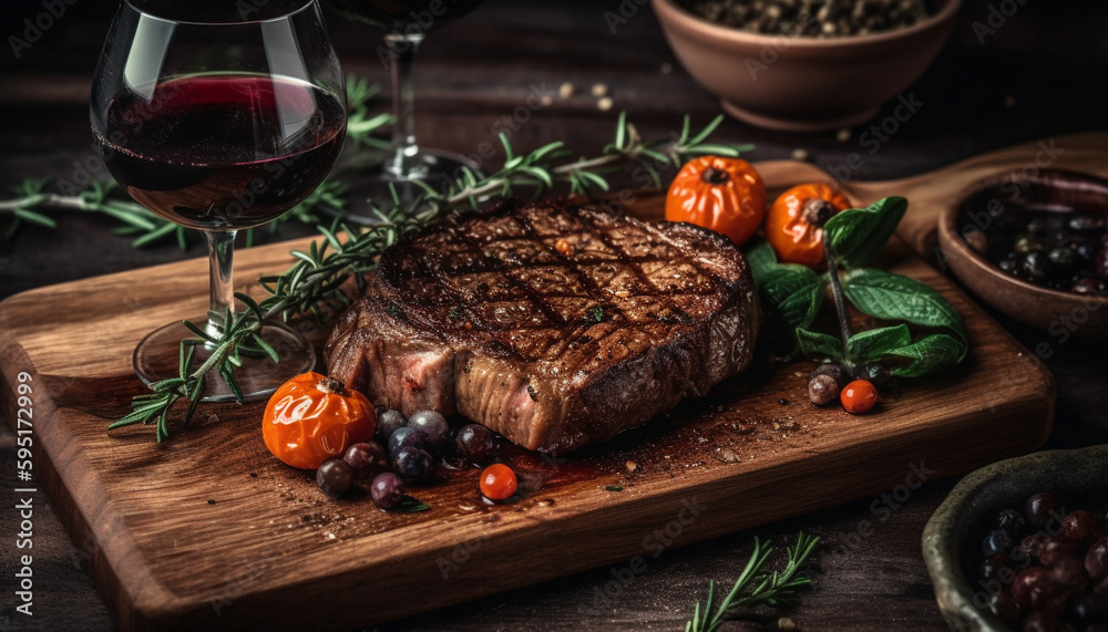 Grilled sirloin steak with fresh tomato and herbs generated by AI Grilled sirloin steak with fresh tomato and herbs generated by AI