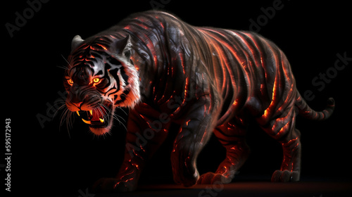 A tiger made with obsidian and magma, glowing eyes. © The animal shed 274