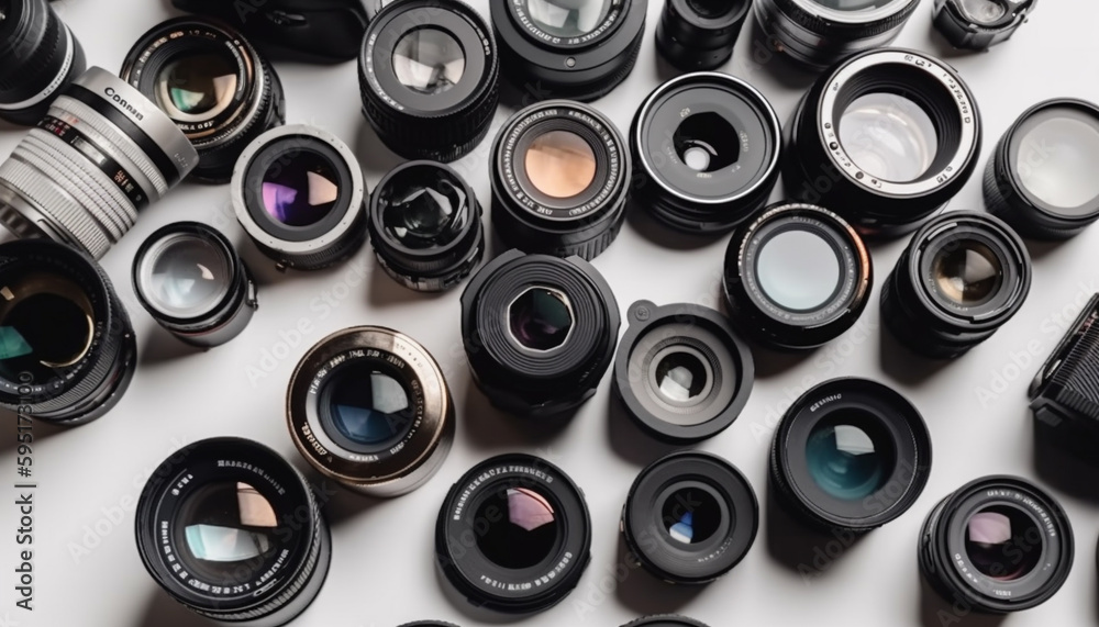 Antique camera collection on metal table top generated by AI