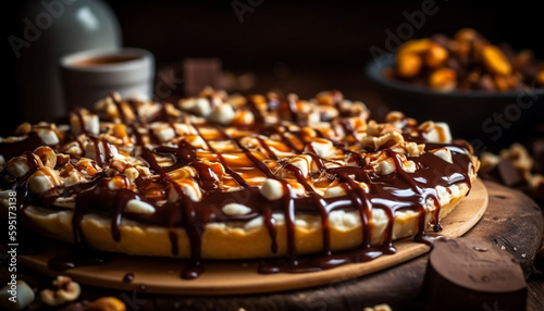 Homemade chocolate pie on rustic wooden table generated by AI