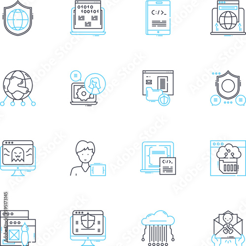 Virtual intelligence linear icons set. Automation, Algorithms, Machine learning, Robotics, Neural nerks, Prediction, Augmentation line vector and concept signs. Intelligence,Precision,Efficiency
