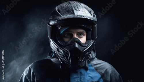 One man, confident, looking at camera, helmeted generated by AI