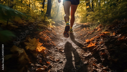Healthy athlete jogging through autumn forest trail generated by AI