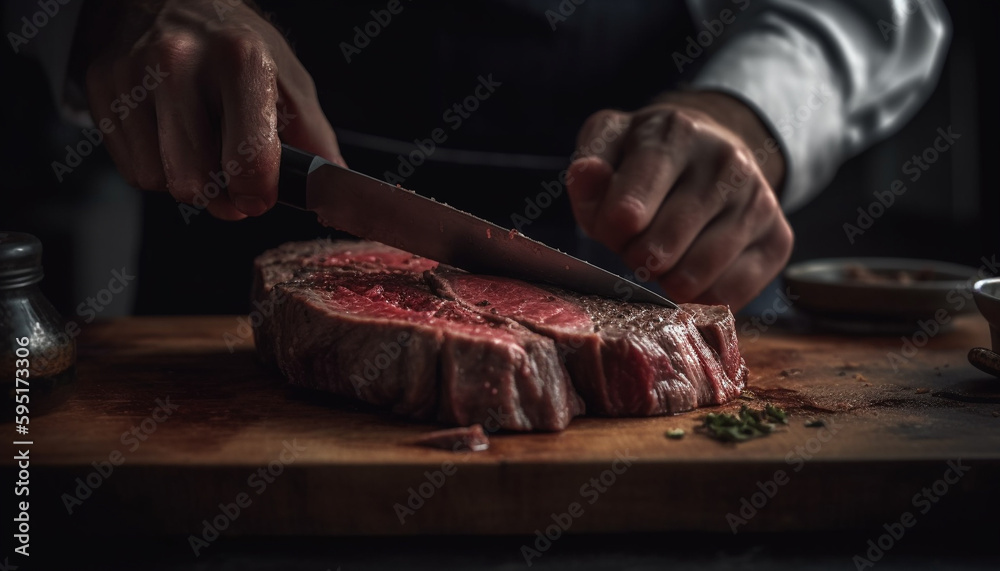 Grilled steak sliced by hand on wood generated by AI