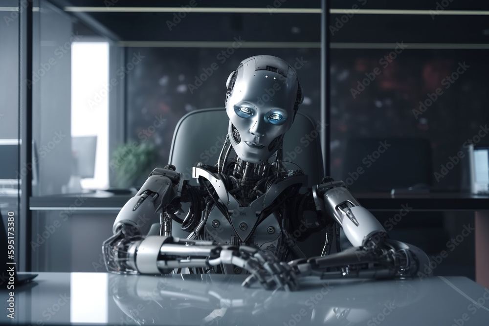 Robot humanoid working in modern office. Artificial intelligence concept. Generative AI Robot humanoid working in modern office. Artificial intelligence concept. Generative AI