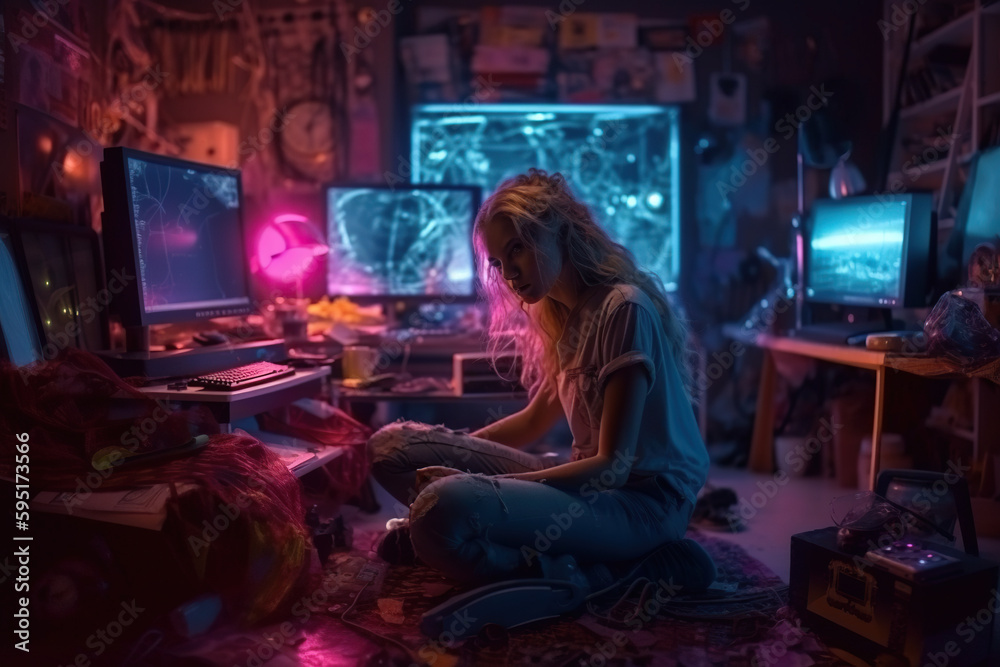 Young woman playing computer games in dark room at computer screen. Gaming concept, Generative AI