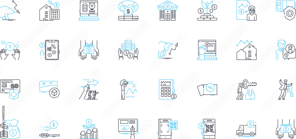 Remote banking linear icons set. Online, Mobile, Digital, E-banking, Automated, Virtual, Paperless line vector and concept signs. Contactless,Electronic,Secure outline illustrations