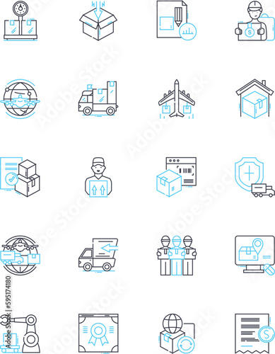 Transport logistics linear icons set. Freight, Trucking, Distribution, Shipping, Haulage, Supply chain, Warehousing line vector and concept signs. Customs,Airfreight,Container outline illustrations