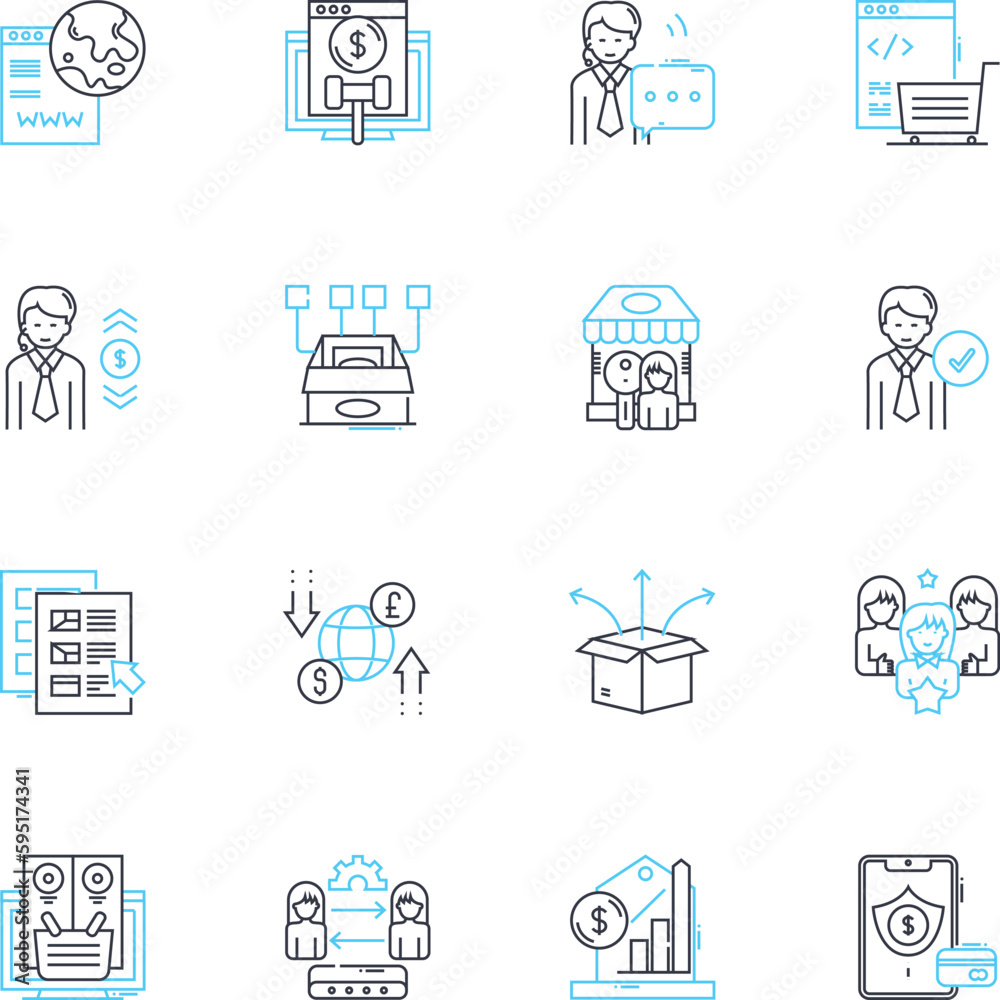 E-commerce market linear icons set. Online, Retail, Digital, Marketplace, Shopping, Web, Virtual line vector and concept signs. Browsing,Consumer,Electronic outline illustrations