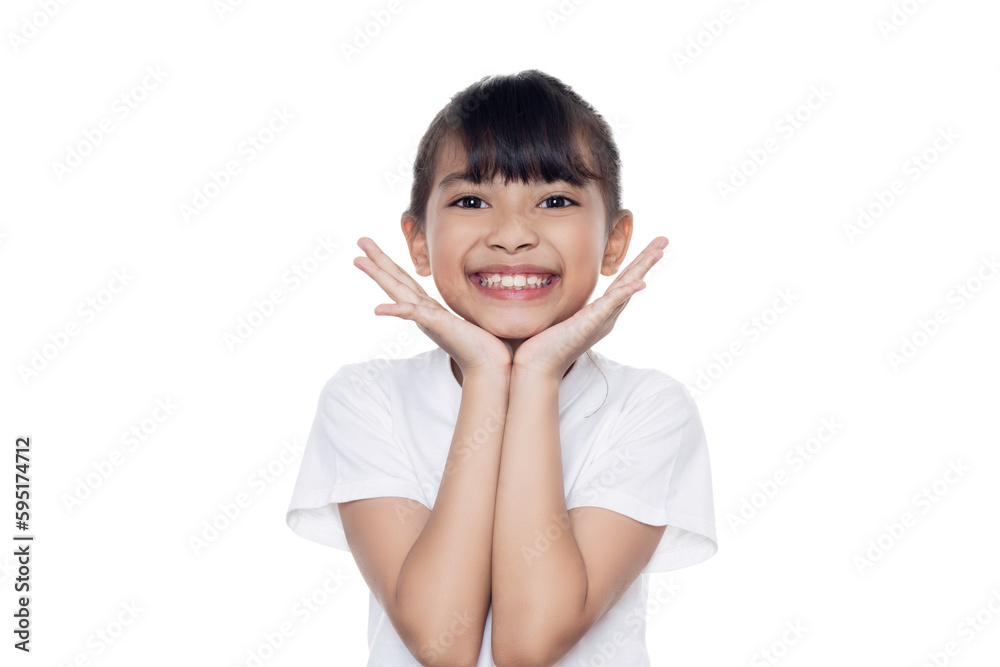 Young Asian girl smiling happily and both hands clasping her chin isolated on white background with clipping path. People and positive emotions concept. Young Asian girl smiling happily and both hands clasping her chin isolated on white background with clipping path. People and positive emotions concept.