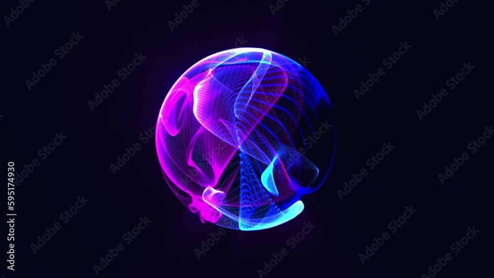 Bright glowing rotating particle 3d sphere in the Universe. Abstract technology, science, engineering and artificial intelligence background. Animated energy orb. Purple and blue. Seamless loop. 