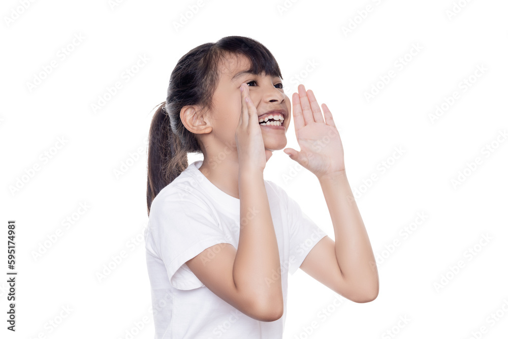 Young Asian girl hands up in a shouting gesture. Speaking with hands gesture near mouth.