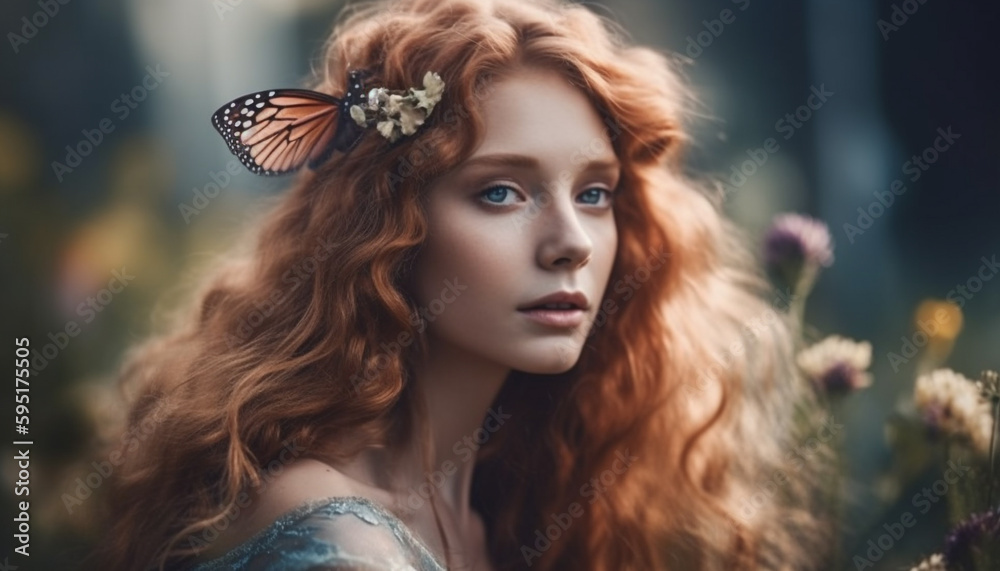 Redhead beauty in nature, smiling at camera generated by AI
