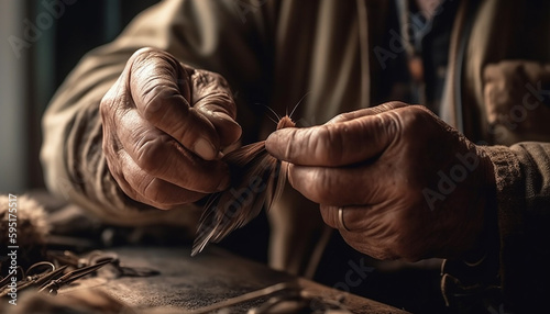 Craftsman hand skillfully repairs leather shoe generated by AI © Stockgiu
