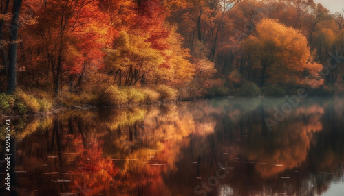 Vibrant autumn colors reflect on tranquil pond generated by AI © Stockgiu